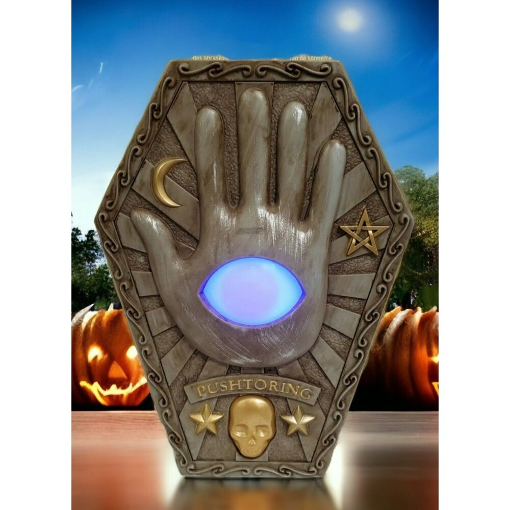 New Halloween Eyeball Doorbell Animated Creepy Coffin Hand Sound Lights Up Gemmy